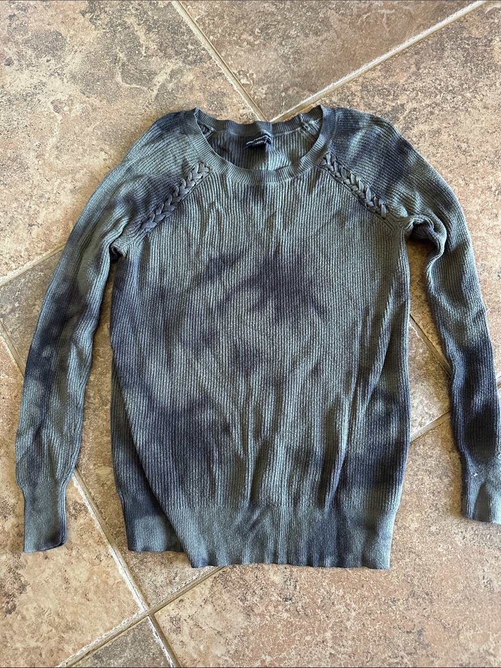 American Eagle Outfitters Olive & Black Tie-Dye Ribbed Crew Sweater
